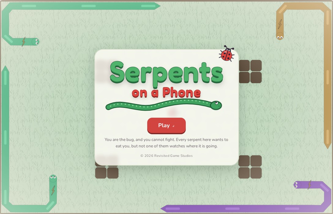 Serpents on a Phone: a green meadow with four serpents around the edges and a ladybug by the title card