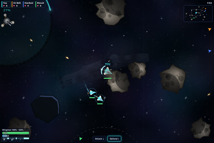 Three ships of one squadron flying between asteroids