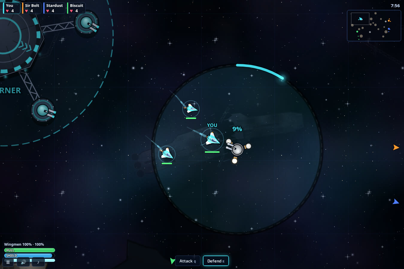 Three ships setting out from their corner, with the corner's guns behind them