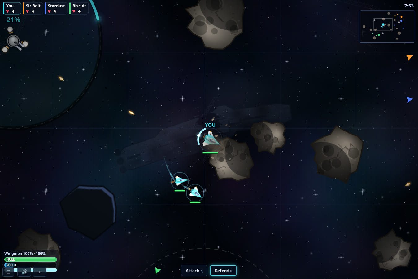 A squadron of three ships between the asteroids